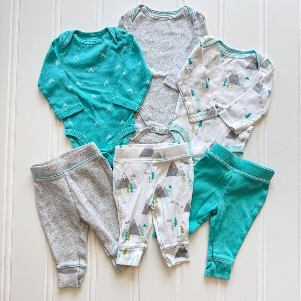 Set of Cloud Island Cotton Baby Onesie Bodysuits and Matching Pants | 0-3 Months